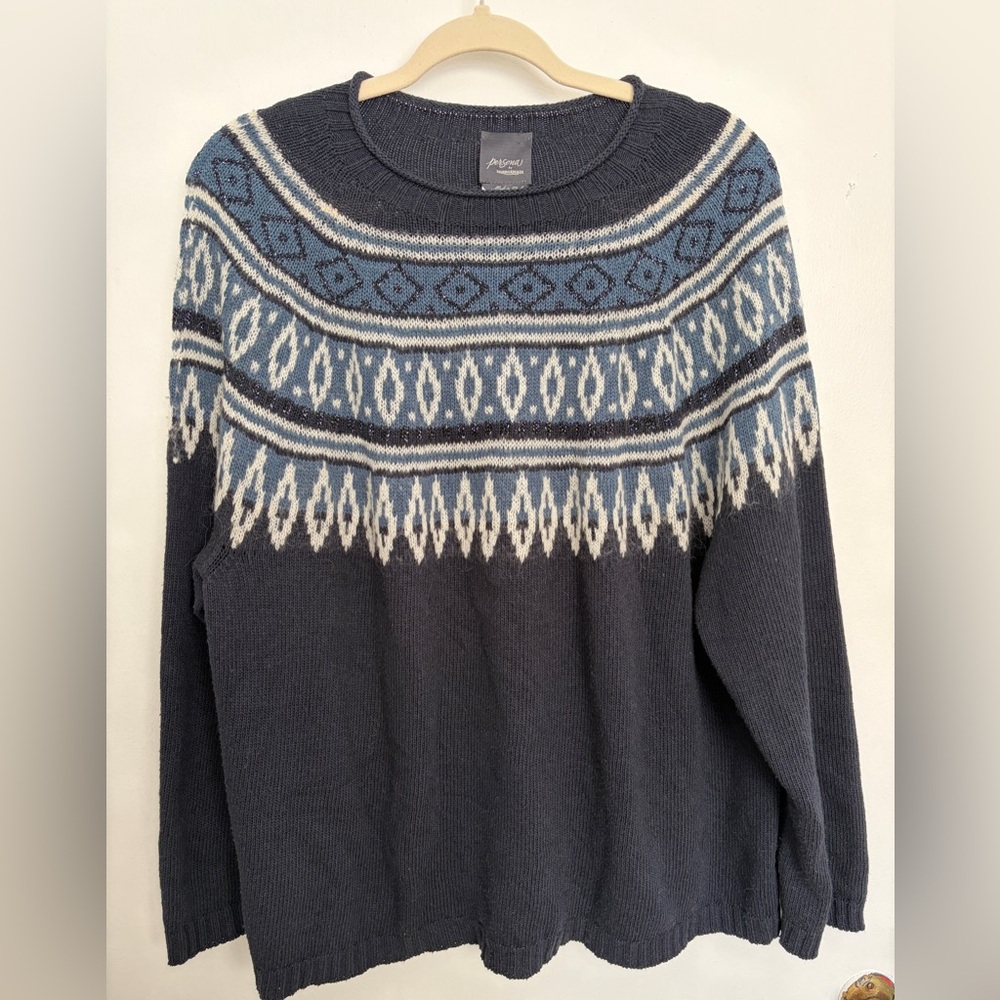Persona by Marina Rinaldi Blue and White Patterned Crewneck Sweater